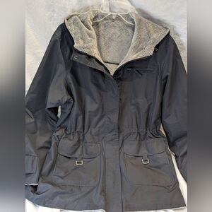 Bass Pro Shop Sz Large Women's Warm Reversible Black & Lt Gray Jacket Adj Waist
